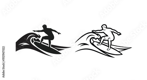 Surfers riding ocean waves in dynamic black shapes silhouette