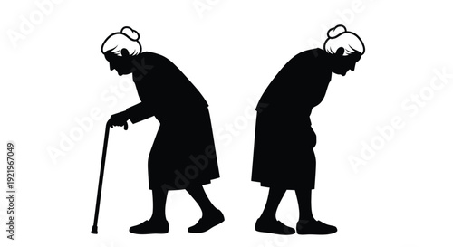 Two elderly women bending over with canes a stark silhouette