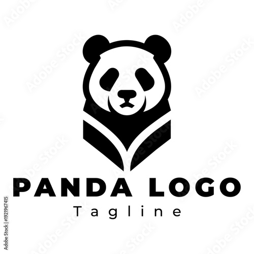 Cute minimalist panda head logo design vector featuring symmetrical black and white bear mascot for nature conservation brand eco friendly business corporate animal identity illustration