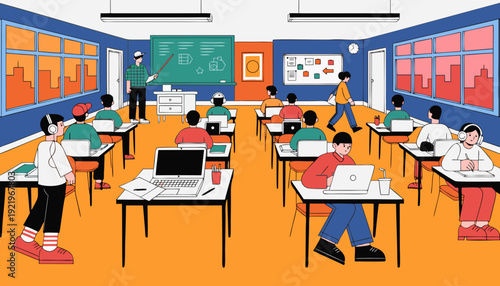 Very beautiful modern school classroom interior featuring both front and back perspectives, clean flat design composition with chalkboard and teacher desk, arranged in a spacious horizontal banner lay