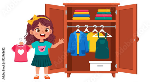 A young girl stands beside an open wardrobe, holding a dress and gesturing towards the clothes inside.