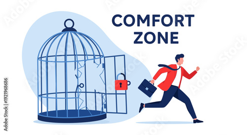 Man escaping from a large birdcage, symbolizing freedom and breaking free from comfort zone
