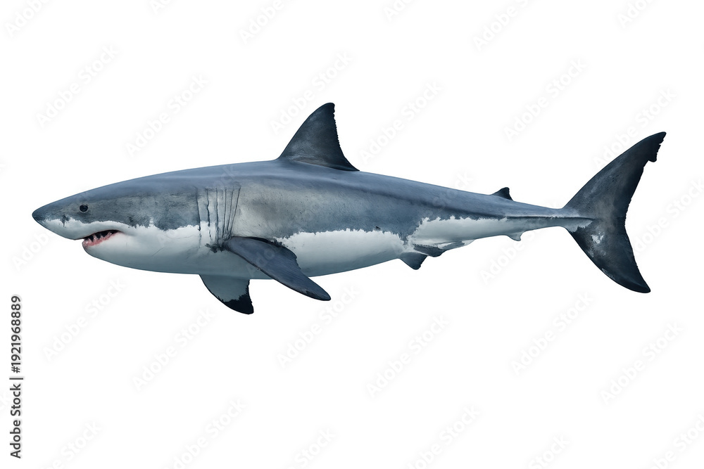 Fototapeta premium Great white shark swimming with powerful presence (transparent background)