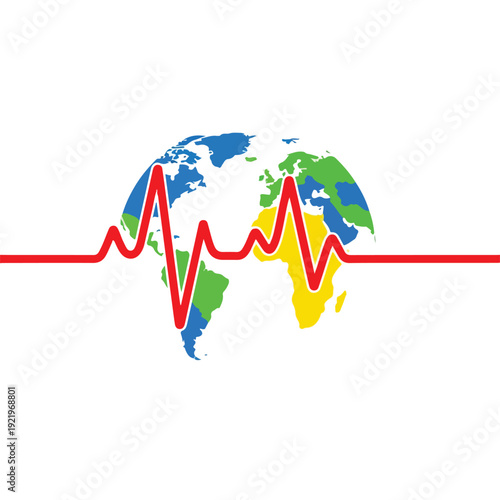 A colorful cartoon illustration of a globe with a red ECG heartbeat line across it on a white background.
