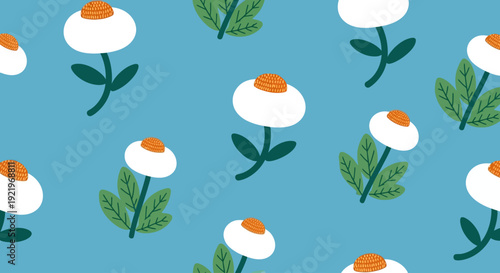 A vibrant floral pattern featuring white flowers with orange centers and green leaves on a blue background, illustration