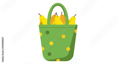 Assorted pears in a green polka-dot basket viewed from above on a simple background