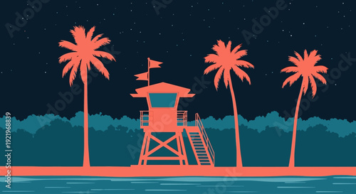 Lifeguard tower standing tall among palm trees at dusk on a serene beach at nighttime from a distant viewpoint