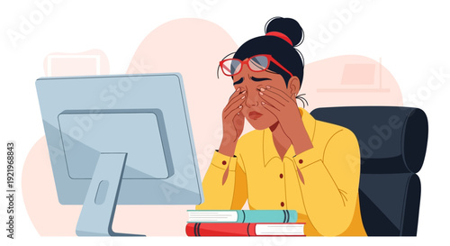 Woman experiencing stress while working on computer in office environment from a frontal viewpoint