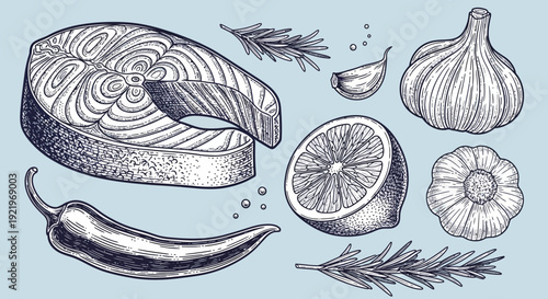 Fresh seafood and ingredients arranged on a light background, featuring a fish, lemon, garlic, rosemary, and chili pepper, from a top-down perspective.
