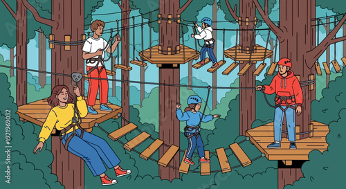People enjoying an adventurous day at a forest treetop ropes course, navigating through wooden platforms and trees.