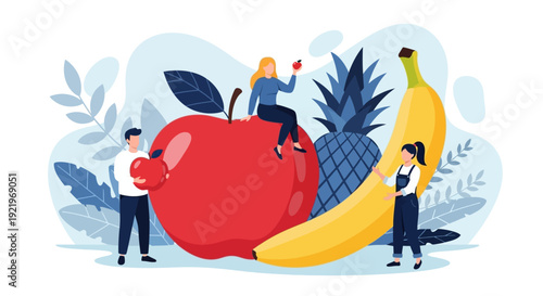 People enjoying fresh fruits on giant apple with pineapple and banana nearby in a vibrant illustration