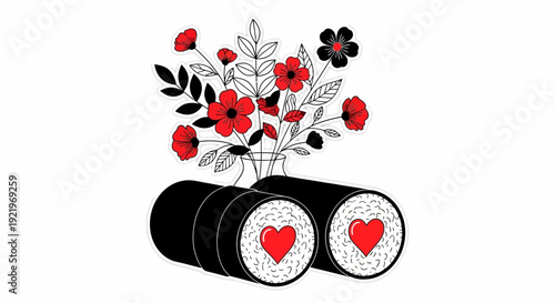 Illustration of red poppies in a vase with cylindrical objects featuring hearts