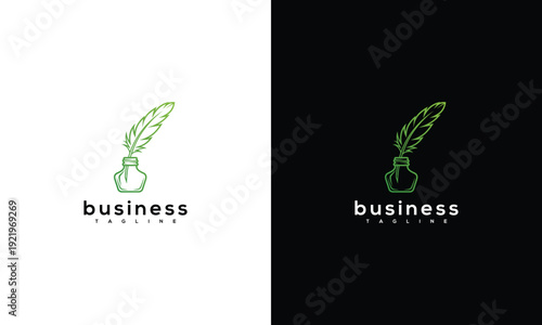 Green Quill Pen Inkwell Logo Design - Vintage Writing Symbol for Author Legal Education.