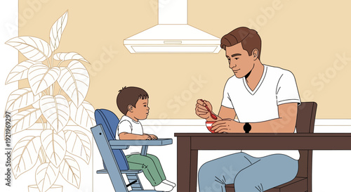 Father and son enjoying a meal together at a table in a kitchen with a plant nearby