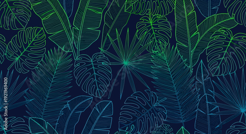 Tropical leaves pattern viewed from above in a dark environment with neon green outlines and vibrant illustrations