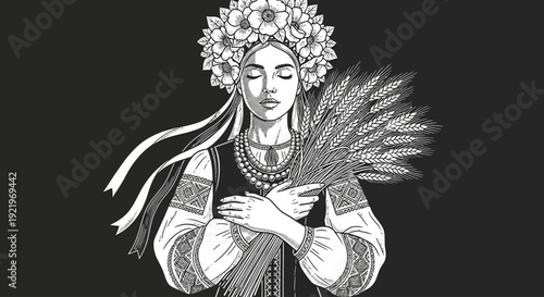 Woman adorned in traditional floral wreath holding wheat illustration on dark background