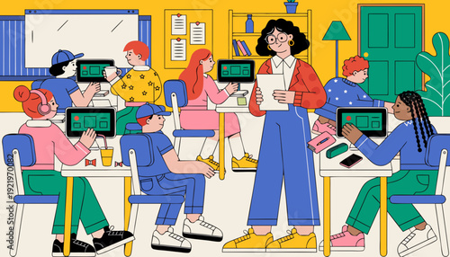 Very beautiful contemporary classroom interior showcasing bright lighting, organized desks, and a sleek academic atmosphere designed for effective learning and creative educational engagement.