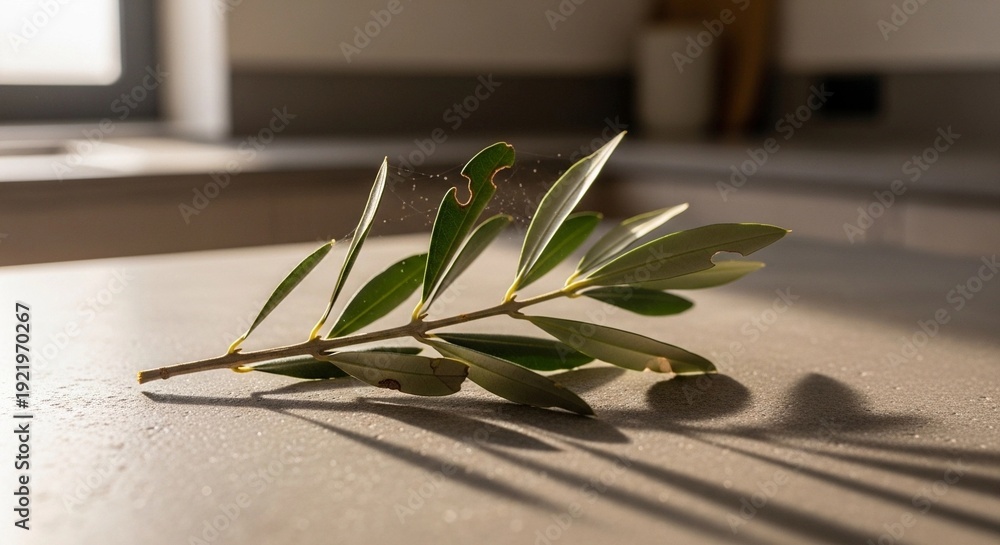 Obraz premium Olive Branch with Green Leaves on Table in Natural Sunlight Minimal Interior Scene