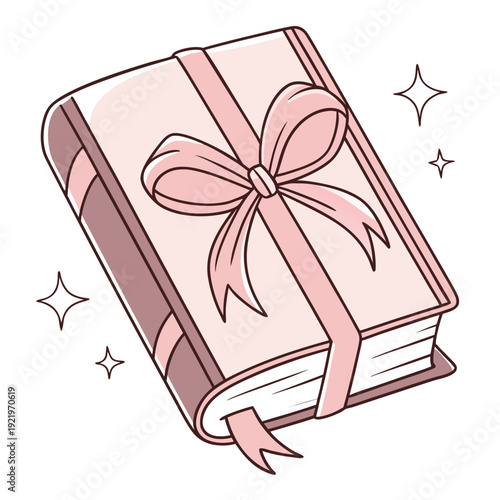 Hardcover book wrapped as gift with large pink ribbon and bow, cute illustration symbolizing present and literature