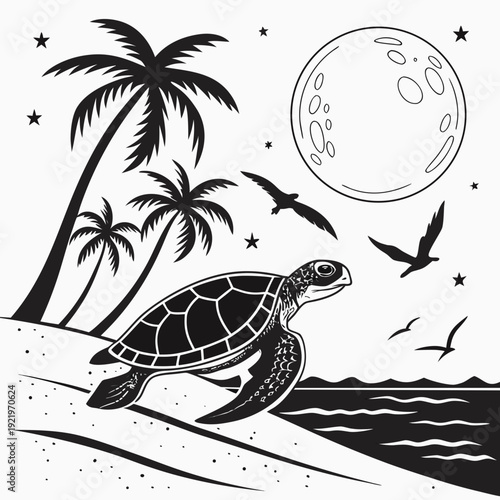 Sea turtle crawling ashore on sandy beach under full moon with palm trees and seabirds, black and white silhouette illustration