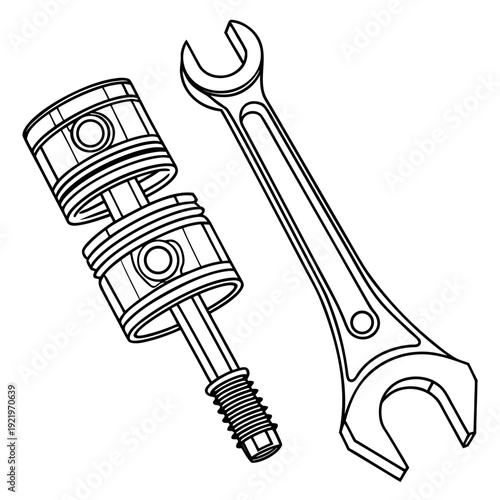 Engine pistons with connecting rod and classic wrench, outline illustration for automotive repair and mechanical engineering