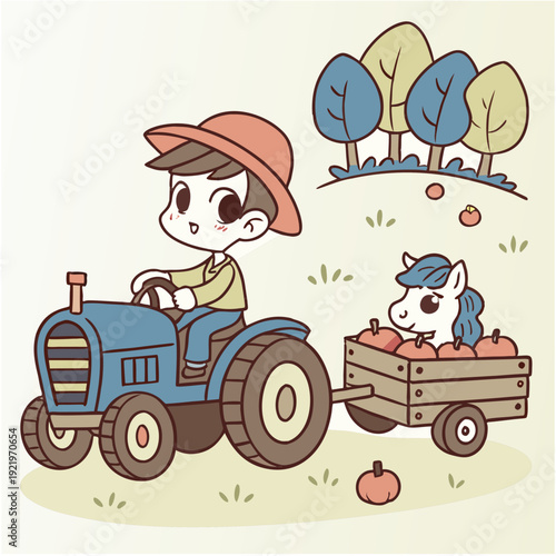 Young farmer boy driving blue tractor pulling trailer with apples and pony, cute chibi farm scene illustration