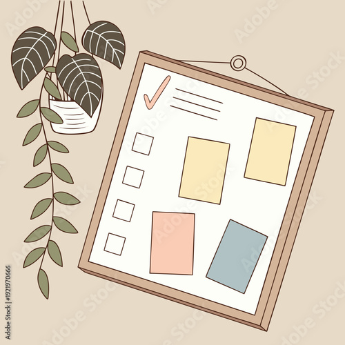 Vision board with pastel sticky notes and checkboxes, hanging illustration for planning and task organization