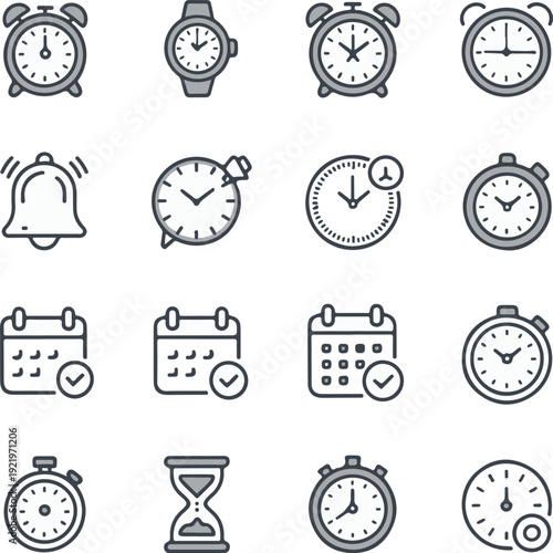 time clocks icons in thin line style. vector illustration