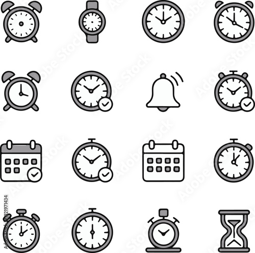 Time management icons set. Clock calendar alarm hourglass timer schedule deadline watch. Business productivity planning. Efficiency workflow. Stopwatch reminder symbol collection