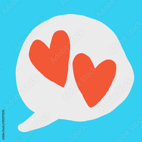 Flat vector illustration of a white speech bubble containing two red heart symbols on turquoise background, representing love reaction and positive social media engagement.