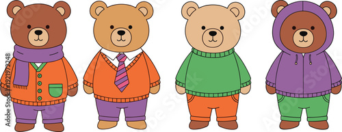Set of four cute cartoon teddy bear characters wearing colorful autumn clothes including sweaters and hoodies isolated on white background for kids design.