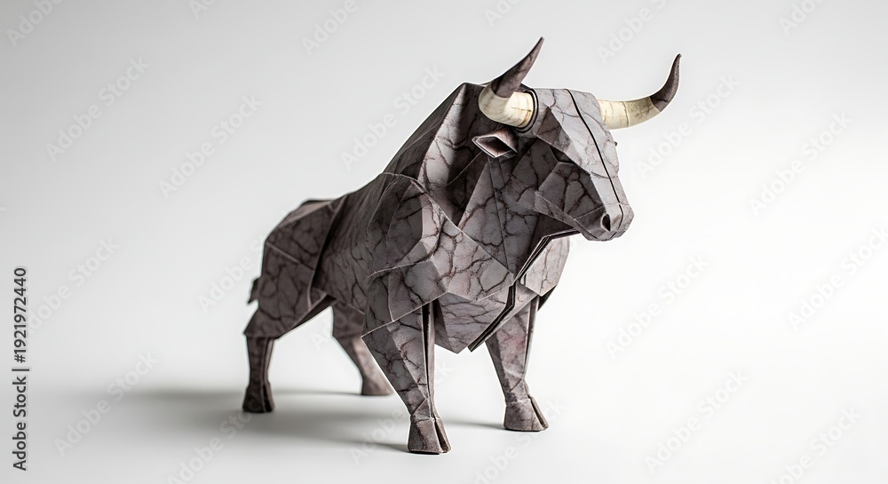 Fototapeta premium grey bull sculpture made of metal plates standing on white surface