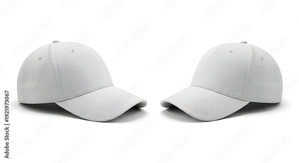 Fototapeta premium Two blank baseball caps mockup side by side isolated on white background, clean apparel template for branding, logo design, and merchandise presentation.