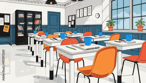 Very beautiful high school classroom rendered in realistic three dimensional style, featuring glossy white floors, aligned desks, and a refined academic environment prepared for students.