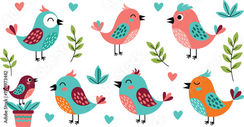 Set of cute colorful cartoon bird characters with hearts and green leaves isolated on white background for spring nursery decor and children greeting cards.