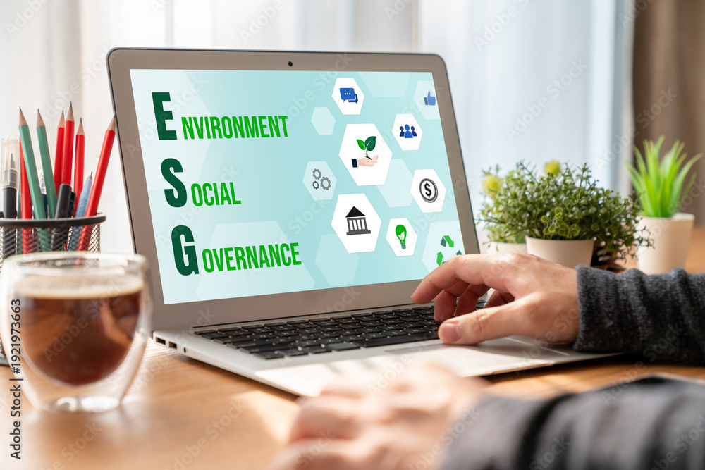 Fototapeta premium ESG environmental social governance policy for modish business to set a standard to achieve high ESG score
