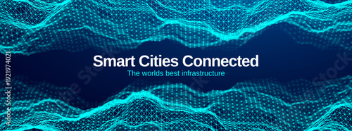 Blockchain tech icon banner template with a chain of blue blocks and wireframe architecture for a webinar background or AI presentation. Abstract digital data array and fintech graphic from a.