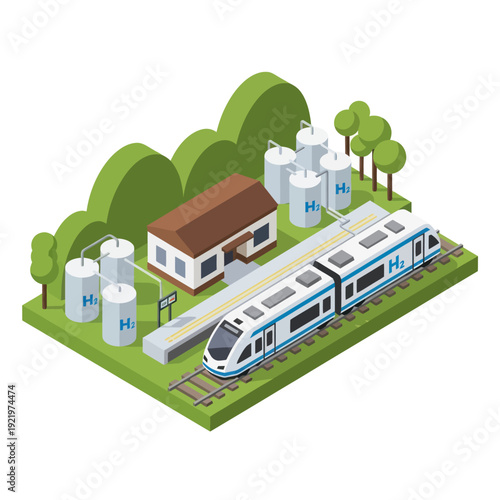 Modern Train Station with Railway and Buildings.