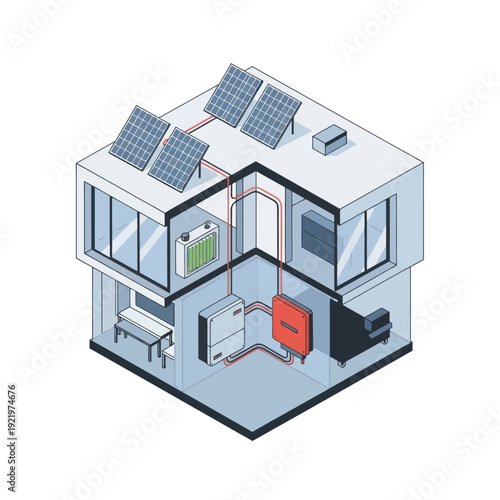 Modern House with Solar Panels and HVAC.