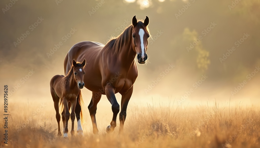 Obraz premium Brown mare and foal walk in foggy field at dawn. Soft sunbeams illuminate grass and trees. Gentle animals show strong bond in nature. Peaceful morning farm scene.