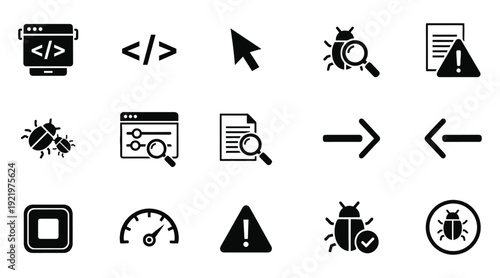 A diverse collection of modern black glyph icons representing essential concepts in web development, software debugging, error reporting, performance monitoring, and intuitive user interface navigatio