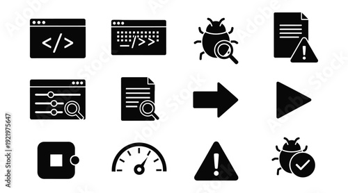 Essential black and white icon set representing software development quality assurance debugging testing performance and execution controls for digital interfaces.