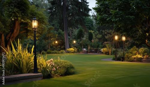 Wallpaper Mural landscape lighting in the backyard, showcasing well-lit grass and plants with multiple warm yellow led lights on each light post Generative AI Torontodigital.ca