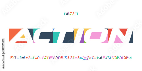 Action Geometric Font Logo Alphabet Colour Shape Letter Set Modern Typography, Creative Typographic Design for Game Title, Race Poster Headline, Kids Symbol Logotype, Cutout Fonts. Vector Typeface
