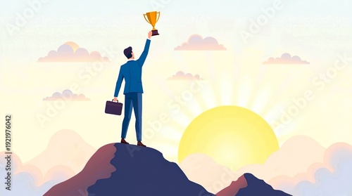 Businessman Holding Trophy on Mountain Top - Success and Leadership Concept 