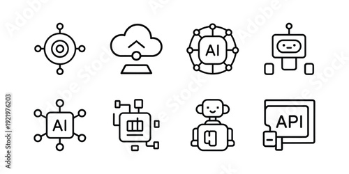 AI Technology Line Icons Set – Artificial Intelligence, Robot, Cloud Computing, API, Neural Network Outline Vector Collection