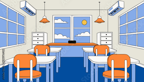 Very beautiful empty modern classroom interior designed with symmetry and soft natural light, presenting a calm educational atmosphere ideal for academic presentations and institutional visuals.