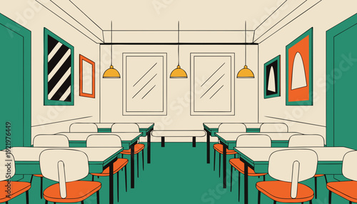 Very beautiful empty modern classroom interior designed with symmetry and soft natural light, presenting a calm educational atmosphere ideal for academic presentations and institutional visuals.