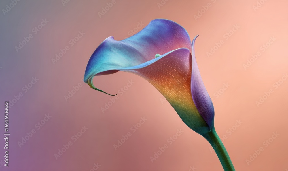 Fototapeta premium Studio image of a calla lily on long smooth stem, interior petal surface transitioning through rainbow hues
