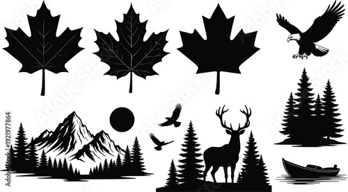 Canadian wilderness silhouette collection with maple leaves, eagle, deer, mountains, pine trees, and canoe vector icons for nature branding and outdoor design